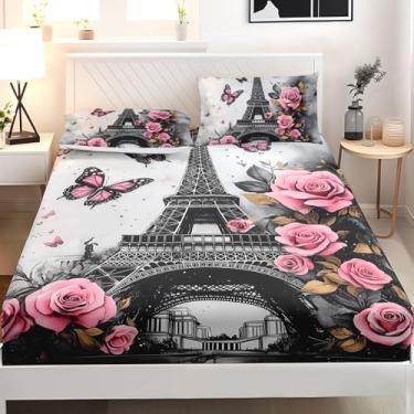 Imagem de AILONEN Jogo de lençol vintage Torre Eiffel para decoração de quarto, tamanho Queen, borboleta floral rosa rosa, romântico Paris vintage, conjunto de lençol com elástico com 2 fronhas, microfibra