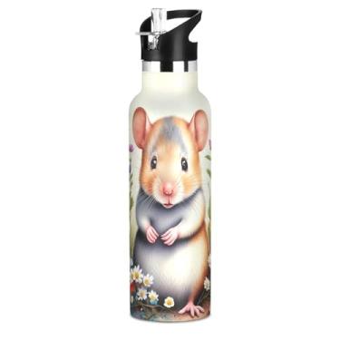 Imagem de Garrafas de água coloridas para adolescentes em aquarela com tampa de palha, garrafa de água isolada de aço inoxidável, à prova de vazamento, copos infantis livres de BPA para escola, viagens