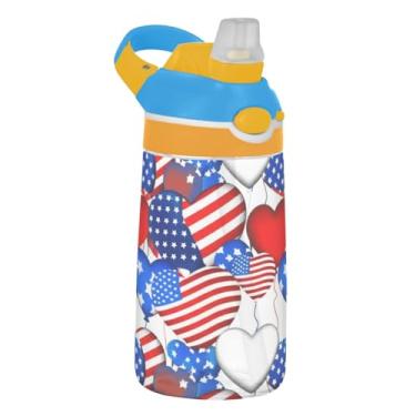 Imagem de Garrafa de água infantil de 473 ml, reutilizável, 473 ml, garrafa de água de plástico Tritan com canudo à prova de vazamento, copo infantil portátil, alça de transporte, balão de coração Patriotic