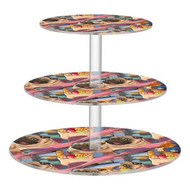 Imagem de Lindo suporte de cupcake para festa de chá de cachorro Pug com 3 níveis, redondo, torre de bolo, exibição de acrílico, bandejas de lanche para festas, sobremesas, decoração de mesa de aniversário e
