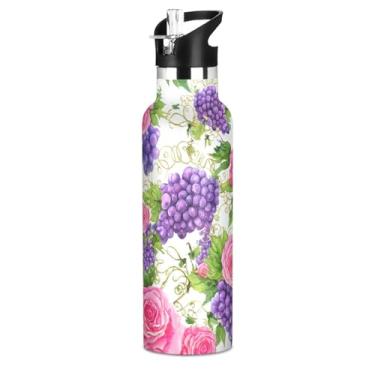 Imagem de Garrafas de água para adolescentes Purple Grapes Pink Roses com tampa de palha, garrafa de água isolada de aço inoxidável, livre de BPA, copos infantis à prova de vazamento para escola, viagens