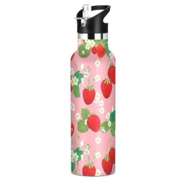 Imagem de Garrafa de água esportiva de aço inoxidável para meninas, morangos, folhas rosas, margaridas, 590 ml, parede dupla, vácuo, garrafa de água livre de BPA, copos infantis isolados com tampa de canudo