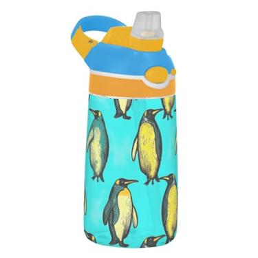 Imagem de Garrafa de água infantil Tritan de 473 ml, reutilizável, garrafa de água de plástico de 473 ml com canudo portátil à prova de vazamento, alça de transporte, pinguins fofos, animal turquesa