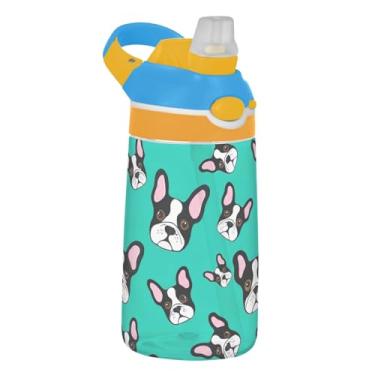 Imagem de Garrafa de água infantil de buldogue francês azul-petróleo de 473 ml Tritan garrafa de água de plástico portátil com tampa de canudo 473 ml Copos de viagem reutilizáveis para crianças à prova de