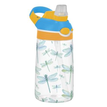 Imagem de Garrafa de água esportiva infantil Dragonflies azul verde branco para escola, 473 ml Tritan 473 ml garrafa de água com canudo, copos de viagem à prova de vazamento para crianças portáteis, alça de