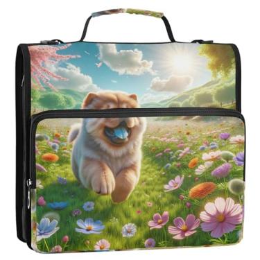 Imagem de Organizador de fichário com zíper, primavera, floral, chow chow, cachorro, 3 anéis, 3 anéis, bolsa grande para fichários escolares com alça de ombro, portfólio e estojo para pasta de anel