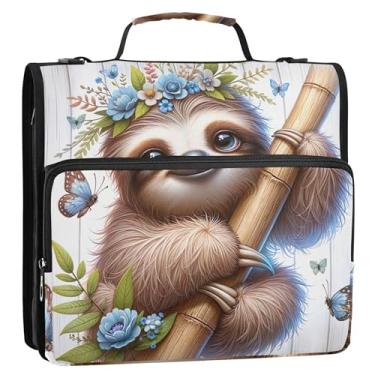 Imagem de Fichários fofos com estampa floral de preguiça de 3,8 cm, 3 anéis, fichário resistente com zíper, fichário organizador com alça, bolsa escolar de ensino médio, estojo portfólio de armazenamento de