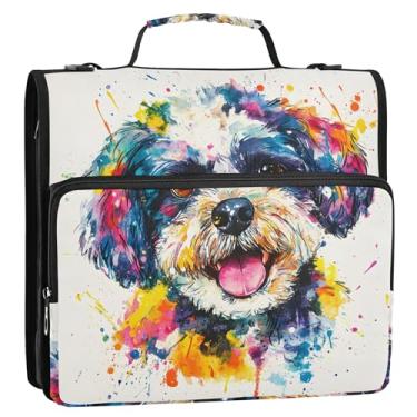 Imagem de 3 fichários para fichários de 3,8 cm em D para cachorrinhos Maltipoo Dog Aquarela com zíper organizador de fichários escolares bolsa com alça de ombro grande para portfólio com suporte para 500 folhas