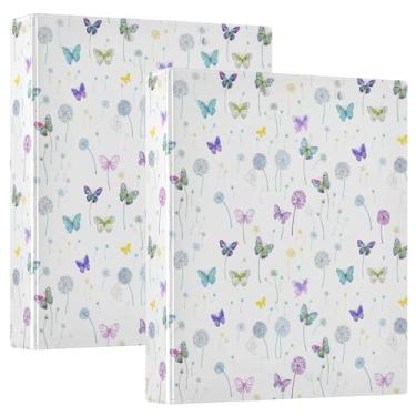 Imagem de Pastas coloridas de borboletas dentes-de-leão de 3 cm com 3 anéis para guardar 200 folhas, pastas divertidas para portfólio redondo, 31,5 x 27 x 6 cm, pacote com 2