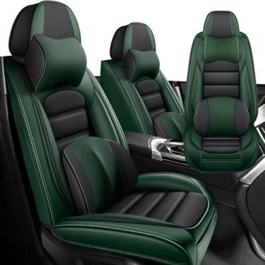 Imagem de Iceleather Capas de assento de carro de luxo para Ford Bronco Sport 2021-2025, capa de assento de couro PU macio respirável impermeável com bolsos de armazenamento (preto e verde, conjunto frontal com