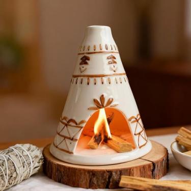 Imagem de MOUGIGI Queimador de incenso de chaminé de cerâmica com suporte de palo santo, feito à mão, formato de barraca, seguro para palos de palo santo, cones de sálvia e incenso para meditação, ioga, altar