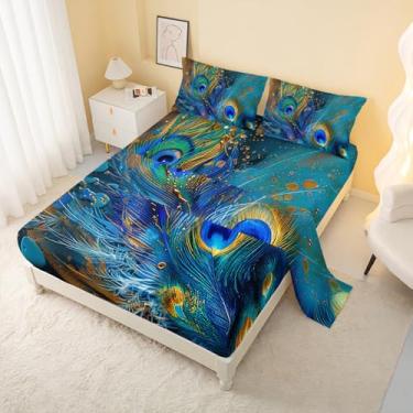 Imagem de AILONEN Jogo de cama Queen com pena de pavão, 4 peças, estampa de penas azuis douradas para meninas e mulheres, 1 lençol de cima + 1 lençol com elástico + 2 fronhas