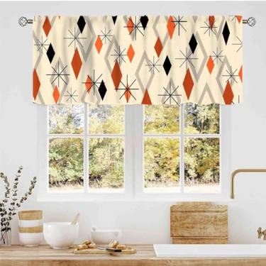Imagem de Cortinas de cozinha modernas de meados do século, laranja, geométrico, atômico, abstrato, estilo retrô dos anos 1950 e 1960, bolso para varão preto, saia pequena para janela, para café, sala de estar