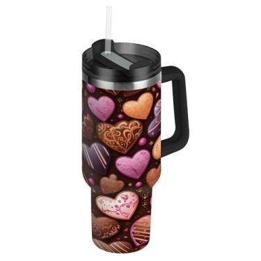 Imagem de Blueangle Copo de coração de chocolate de 850 g com alça e tampa de palha, caneca de viagem de aço inoxidável isolada a vácuo de parede dupla, garrafa de água reutilizável para academia de escritório