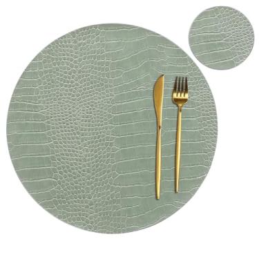 Imagem de Jovono Jogo americano redondo de couro para mesas redondas, conjunto de 6, tapetes e porta-copos verdes, tapetes de mesa impermeáveis e resistentes ao calor, fáceis de cuidar, para decoração de