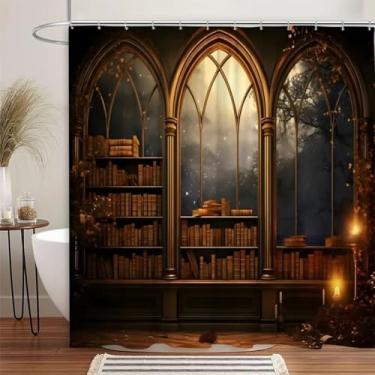 Imagem de Cortina de banheiro vintage, cortina de chuveiro de biblioteca, estantes vintage para livros antigos, tecido de poliéster para casa, cortina de decoração de banheiro 55 x 71 pol. - 140 x 180 cm/LxA