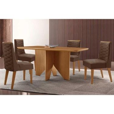 Imagem de Sala Jantar Mesa Nevada Tampo Curvo 120cm+4 Cadeiras Dafne Madeira Naturale - Capuccino/Suede Marrom - Rufato