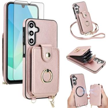 Imagem de Capa de telefone para Samsung Galaxy A16 5G/4G capa carteira magnética e protetor de tela anel suporte transversal alça de cordão compatível com bloqueio MagSafe RFID A 16 16A SM-A166U para mulheres