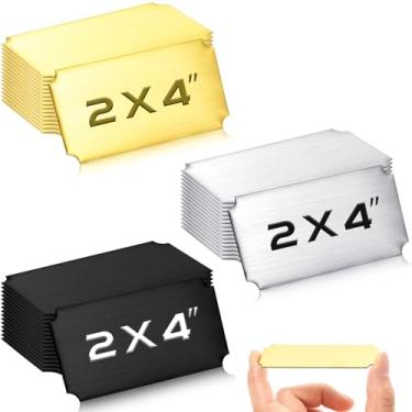 Imagem de Therwen 30 placas de nome gravadas a laser placa de aço inoxidável escovado placa personalizada em branco etiqueta de nome personalizada com suporte adesivo (dourado, prata e preto, 10 x 5 cm, canto