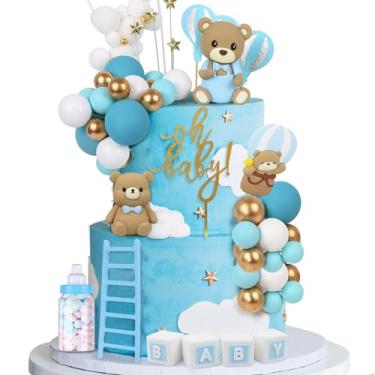 Imagem de Acmee 44 peças de topo de bolo de urso - Mini urso 3D letras do bebê garrafa de leite bolas de espuma dourada azul para decoração de bolo para meninos e meninas festa de aniversário chá de bebê