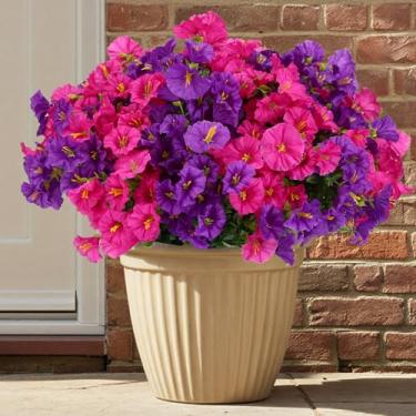 Imagem de CEWOR 24 pacotes de flores artificiais para ambientes externos, glória matinal de seda falsa com folhas de eucalipto, flores artificiais para jardim, porta da frente, varanda, pátio, decoração de casa