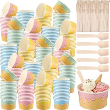 Imagem de Ninehaoou Pacote com 200 copos de sorvete de papel com colheres copos de sobremesa de papel tigelas coloridas de sudae recipientes de sorvete descartáveis para sopa quente verão formatura bar