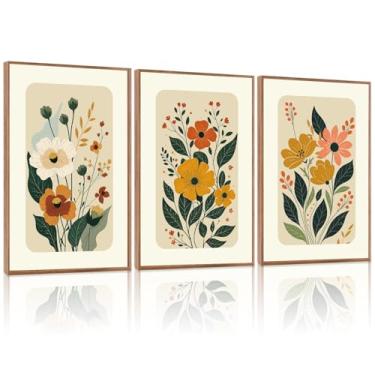 Imagem de LHIUEM Conjunto de arte de parede em tela emoldurada floral boêmio, decoração de parede bege vintage abstrata, arte minimalista de flores silvestres para sala de estar, quarto, sala de jantar