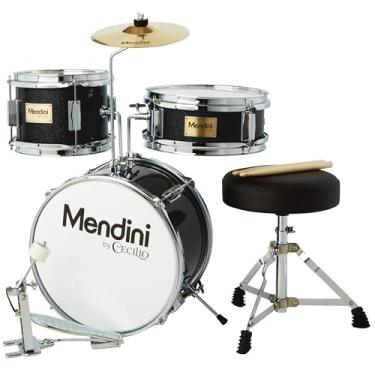 Imagem de Mendini By Cecilio Conjunto de bateria infantil, conjunto de bateria júnior de 3 peças para iniciantes com caixa Bass Tom, kit de bateria de 33 cm com caixa, prato, baquetas, assento ajustável (preto