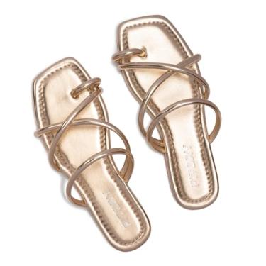 Imagem de FITORY Sandália feminina de dedo plano com alça cruzada para o verão, Dourado, 35