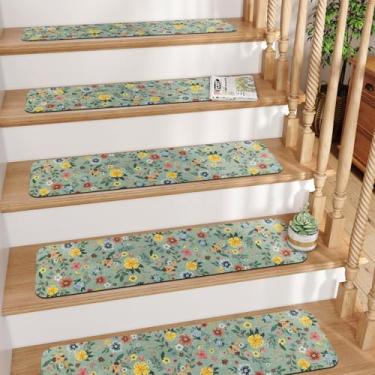 Imagem de Passos de escada antiderrapantes 20 x 76 cm, tapete de escada com suporte de borracha verde/floral lavável reutilizável para degraus de madeira, degraus de escada de segurança interna para crianças e