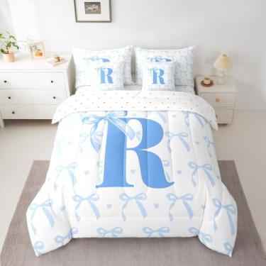 Imagem de jejeloiu Lindo conjunto de edredom infantil com laço azul e lençol solteiro, monograma para meninos e meninas, cama com letra R em uma bolsa, lindo laço de coquete personalizado letra R para decoração