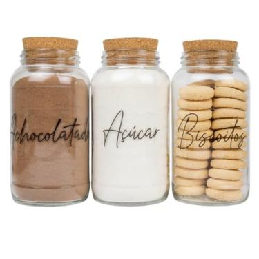 Imagem de Kit Cantinho do Café com 3 Potes de Vidro 810ml, Tampa de Cortiça, Adesivos Inclusos para Armazenamento de Cozinha (Achocolatado, Açúcar e Biscoitos)