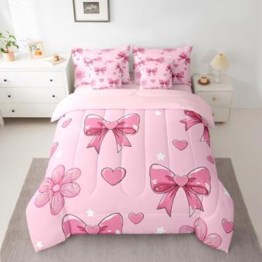 Imagem de jejeloiu Conjunto de edredom com laço rosa, 7 peças, Queen, com laço, para crianças, meninos, meninas, borboleta, rosa, microfibra respirável