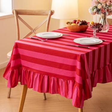 Imagem de vctops Toalha de mesa listrada rosa e vermelha com babados, toalha de mesa decorativa retangular de fazenda para 4 a 6 assentos, toalha de mesa lavável de veludo macio para decoração de chá de bebê