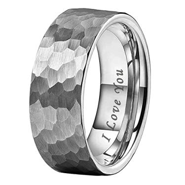 Imagem de TUTISS Anéis de carboneto de tungstênio martelado prata preto e dourado de 6 mm 8 mm para homens e mulheres, alianças de casamento com acabamento fosco I Love You Gravado Ajuste confortável, Metal não