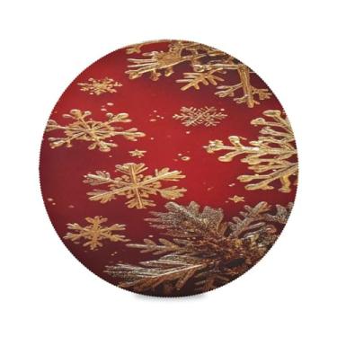 Imagem de STAYTOP Jogo americano redondo de flocos de neve de Natal com fundo vermelho, 1 peça, tapetes de mesa antiderrapantes fáceis de limpar para casa, cozinha, churrasco, festa, decoração de mesa