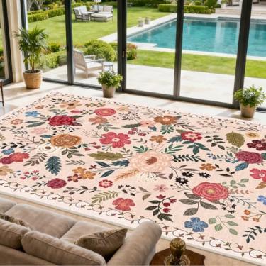 Imagem de shinefly Tapete para sala de estar, tapetes laváveis grandes de 25 x 30 cm para sala de jantar, quarto, tapete antiderrapante resistente a manchas, tapete floral vintage de pelo baixo (vermelho begie)