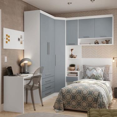 Imagem de Quarto de Canto Solteiro com Guarda Roupas Cabeceira e Escrivaninha Alpes Luciane Moveis