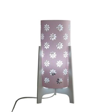 Imagem de Abajur Tripé Madeira Branca E Cúpula Tecido Rosa Vazado