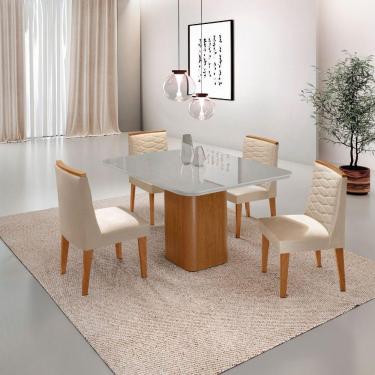 Imagem de Mesa De Jantar Eloise Canto Copo 4 Cadeiras Moderna Mobília Veludo Creme/off White/naturale
