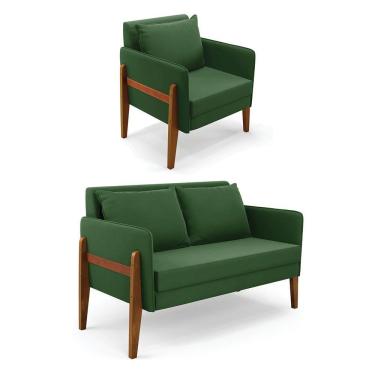 Imagem de Kit 1 Sofá Namoradeira E 1 Poltrona Lana Suede Base De Madeira - D'rossi Cor Verde