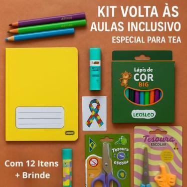 Imagem de Kit Inclusivo Escolar TEA Lápis Borracha Apontador Caderno 14x20cm Col