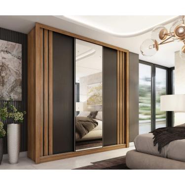 Imagem de Guarda-Roupa Casal Moema 3 Portas Deslizantes com Espelho Amêndola Touch/Preto | MDP