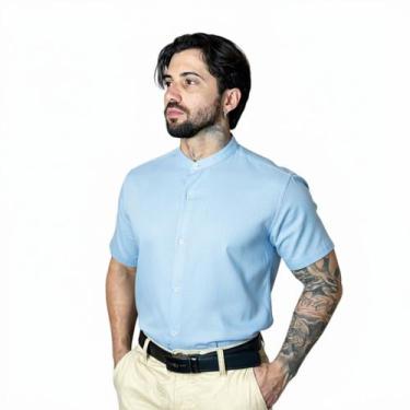 Imagem de Camisa Social Gola Padre Masculina Slim Manga Curta - Mitchelgutto, Az