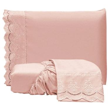 Imagem de Jogo De Lençol Casal Padrão Bordado Ingles Micropercal 300 Fios Toque De Algodão 3 Peças - Rose