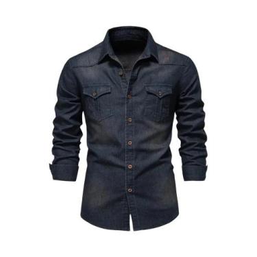 Imagem de Camisa De Denim De Algodão Elástico Slim Fit Para Homens, Manga Longa,