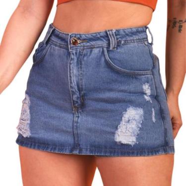 Imagem de Shorts-saia jeans cintura alta com detalhes rasgado sem lycra - Ninas,