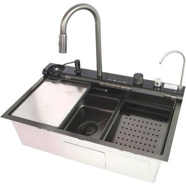 Imagem de Kit Cuba Inteligente com Cesto Torneira Filtro Dispenser de Sabão Lavador de Copos e Tábua Preto