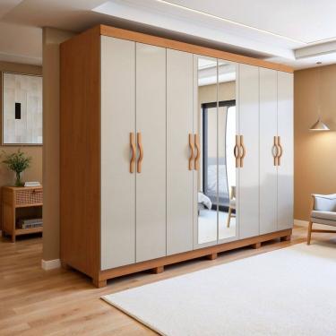 Imagem de Guarda-roupa Casal 8 Portas 6 Gavetas com Espelho e Pés Mdf Serenata Amêndoa Clean/Off White
