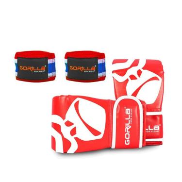Imagem de Kit Muay Thau Luva Bate Saco Pro + Bandagem Elástica 3 Metros Fita Esportiva Treino Box...
